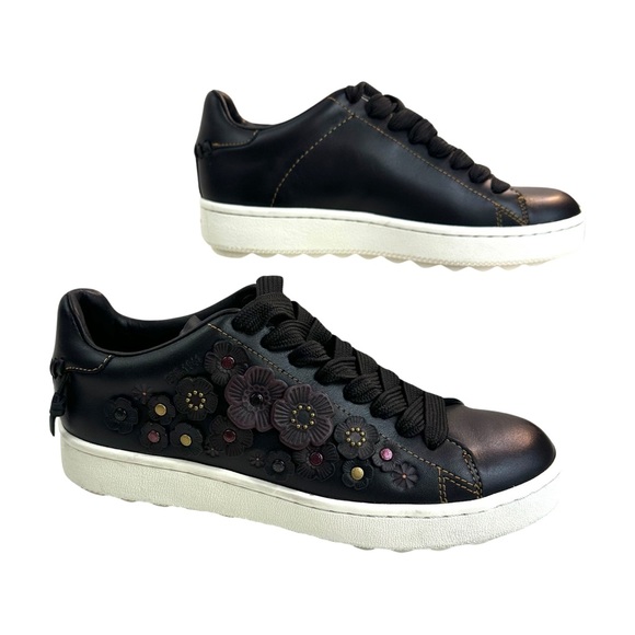 Coach Tea Rose Low Top, Leather Sneakers Black/Floral Details Women’s Size: 7.5 - Picture 6 of 16